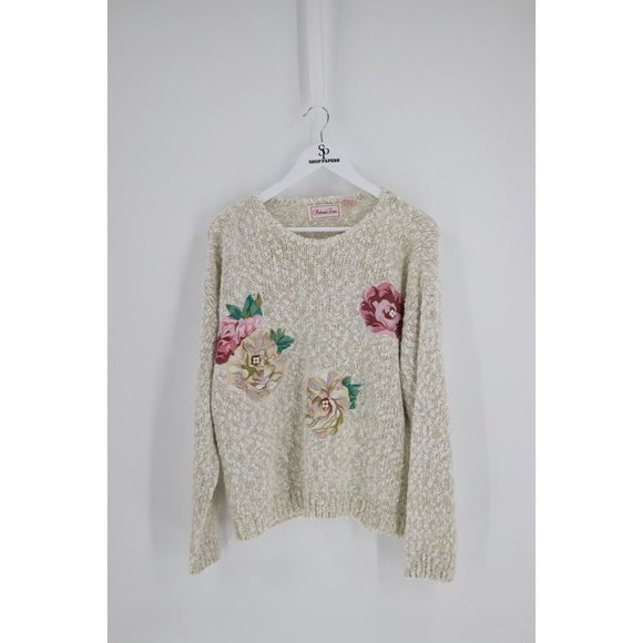 Vintage Penbrooke Lane Beige Floral Long Sleeve Beaded Pearl Accent Sweater L - Picture 2 of 7